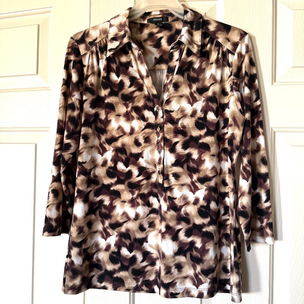 Alfani Abstract Animal Print Stretch Blouse with a Collar Size M
